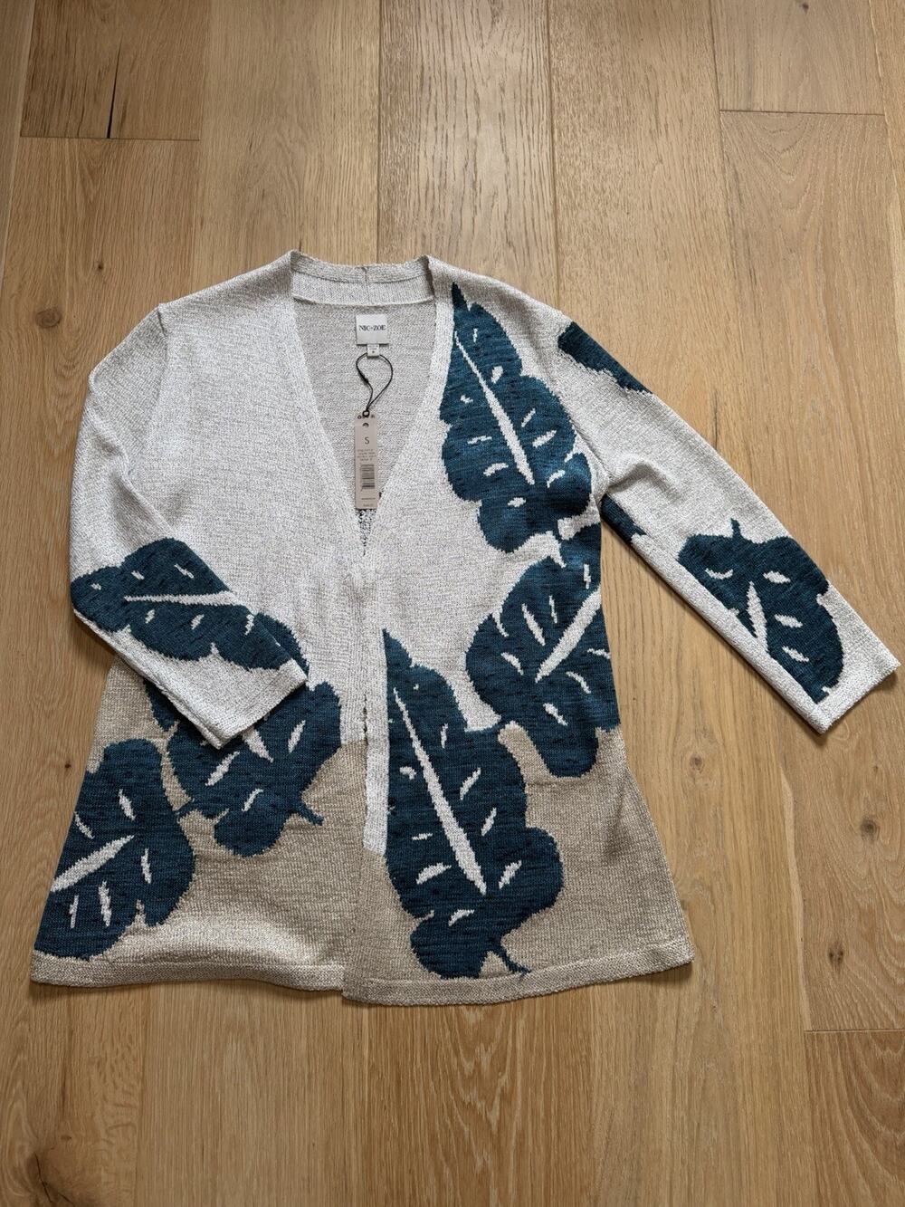 NIC + ZOE Floral LEAF Cardigan Duster Casual Sweater Beige Women’s S Open Front
